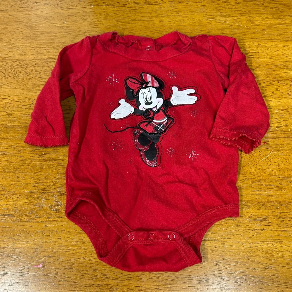 Disney Minnie Mouse Red Holiday Plaid Glitter Long Sleeve Bodysuit 3M